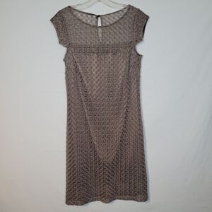 JAX Dress Womens 10 Brown Gold Shimmer Lace Lined Cap Sleeve Romantic Midi